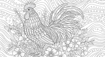 Fototapeta premium A rooster amidst flowers, a rustic charm isolated on white background