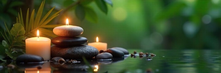 Relaxing spa scene featuring flickering candlelight, smooth stones, essential oils, and lush greenery creating a serene atmosphere perfect for wellness and self-care , warm, tranquility