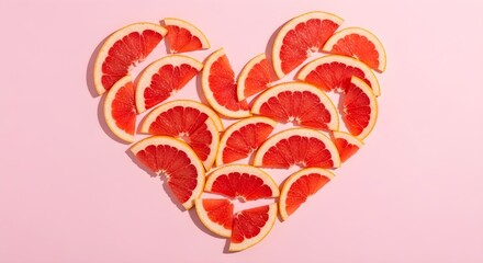 Flat lay of grapefruit segments forming heart shape on pastel pink background, ultra detailed, crisp edges, noise free, natural lighting, no blur