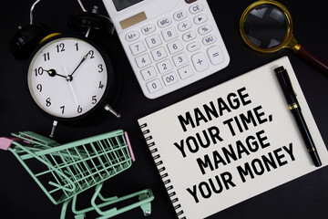 Manage Your Time, Manage Your Money text written on notepad with alarm clock and trolley shopping cart on black background