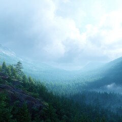 Obraz premium Misty mountain valley, dense forest