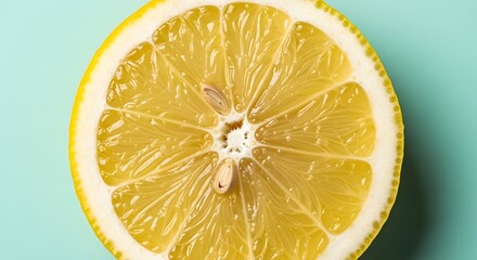 Macro close-up of lemon cross section with juicy pulp details on pastel mint background, ultra detailed, crisp edges, noise free, natural lighting, no blur