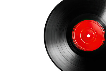 Close-up of a spinning vinyl record with a vibrant red label