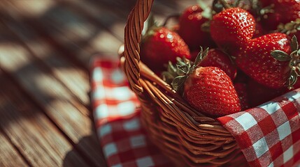 Fresh strawberries in a wicker basket on a wooden table, covered with a checkered napkin