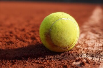 Yellow tennis ball on red clay court.