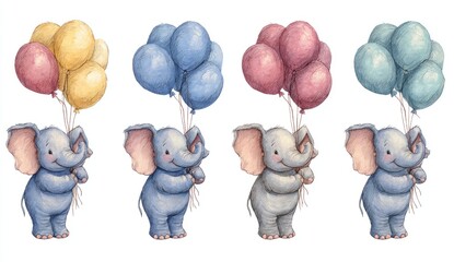 Four cartoon elephants, each holding a bunch of colored balloons, are arranged in a row