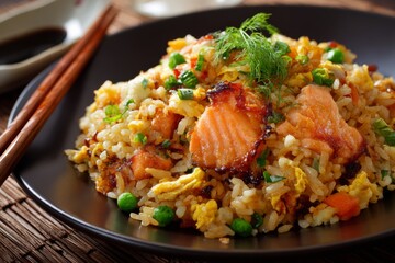 Delicious salmon fried rice served hot in a Japanese restaurant ,Closeup , Generative AI