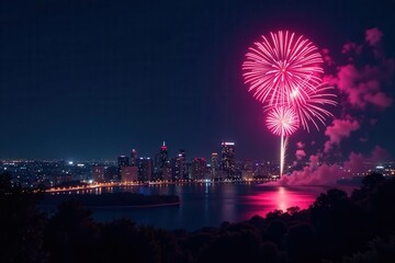 Dark night sky, vibrant fireworks exploding over cityscape, buildings, night, sky