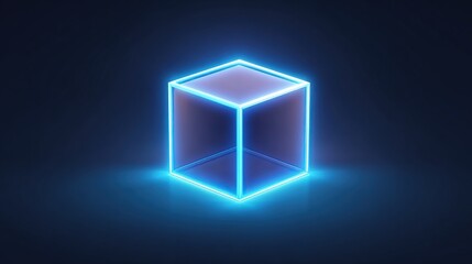 A translucent cube, seemingly glass or crystal, is outlined by vibrant, glowing blue neon lines. It sits on a dark, reflective surface, casting a subtle glow. The