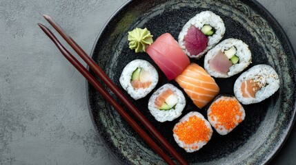 Assorted sushi rolls on a dark plate, chopsticks