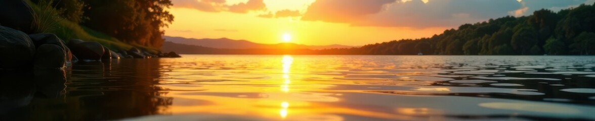 Fototapeta premium Rippling lake water, vibrant sun reflections, golden hues , reflection, view