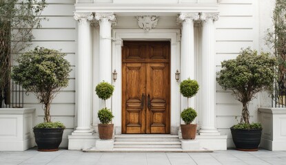 Elegant, light-colored mansion entryway with wooden doors and landscaping