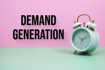 Black alarm clock on a pastel green and pink background with the text "Demand Generation"
