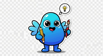 Obraz premium A cheerful blue cartoon character holding a pencil, paintbrush, and with an idea.