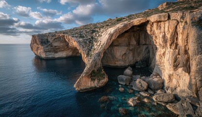 Dramatic coastal archway framed by cliffs and sea
