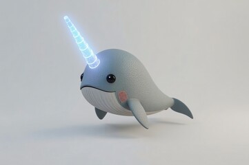 Cute narwhal figurine, digital rendering, light background, futuristic horn