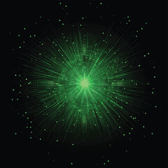 digital green star burst matrix generated in black background, technology concept , vector style simple color