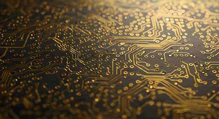 Close-up of a gold circuit board pattern, representing technology and digital connection