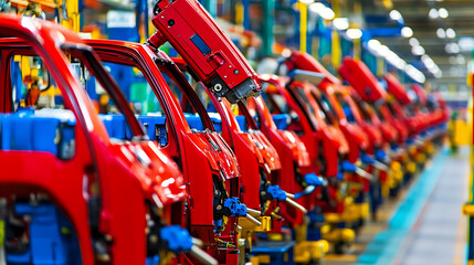 Automotive Assembly Line with Red Door Panels in a Factory