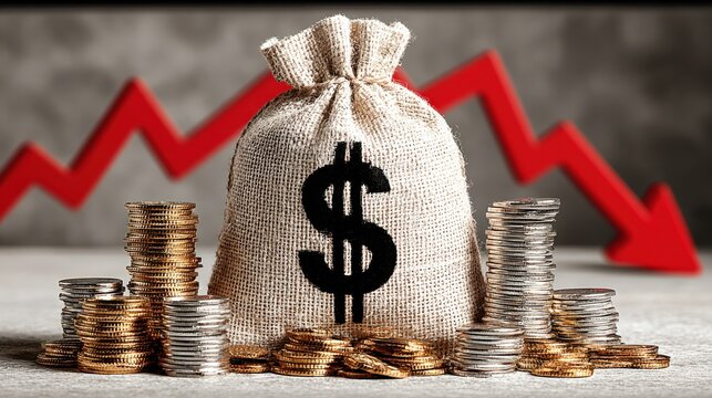 Economic Downturn: Money Bag with Dollar Sign Against Red Arrow Symbolizing Financial Loss and Market Crash