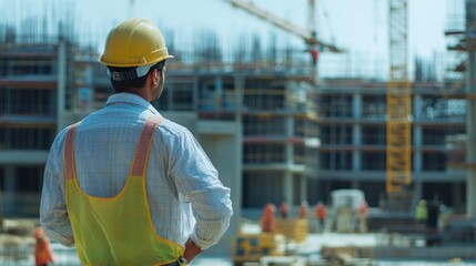 Engineer observing construction progress at building site