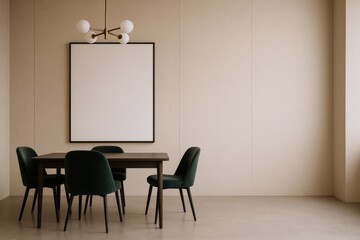 Contemporary Dining Room Interior with Empty Frame, Modern Lighting, and Elegant Furniture for Mockup