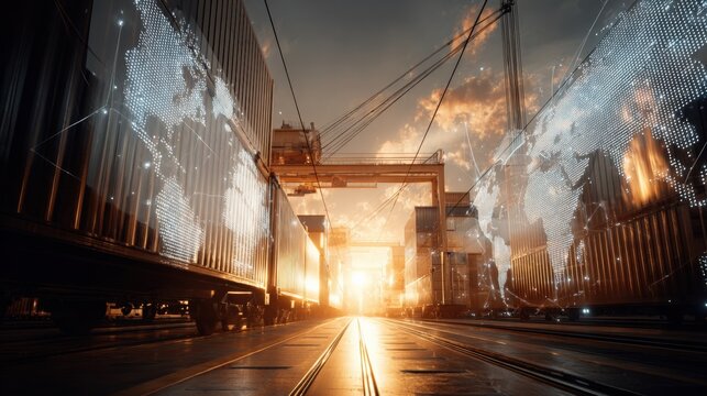Global Logistics Network: Cargo Containers at Port with World Map Overlay, Representing International Trade