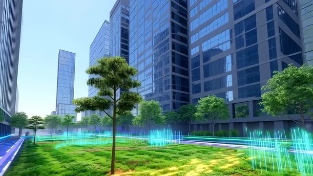 Futuristic urban landscape showcasing nature coexisting with modern architecture