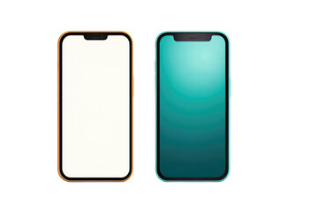 Two smartphones, side-by-side, one orange, one teal.  Both feature a blank, white screen and a modern, rectangular design.  Slight color variation on the frame