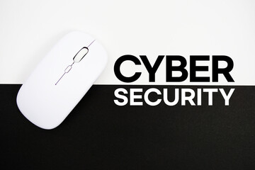 Cyber Security text and wireless mouse on white and black background