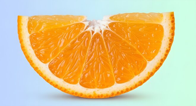 Macro close-up of orange segment with visible juice vesicles on pastel blue to mint gradient background, ultra detailed, crisp edges, noise free, natural lighting, no blur