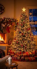 Obraz premium Cozy Holiday Living Room with Christmas Tree and Stockings