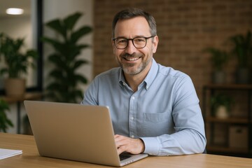Fototapeta premium Smiling Mature Businessman Working on Laptop in Home Office, Achieving Success and Productivity