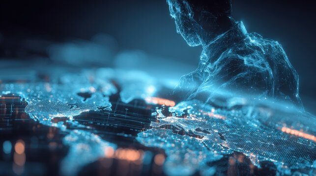 Data Analyst Examining Holographic Globe Projection Displaying Global Network Connectivity and Digital Infrastructure