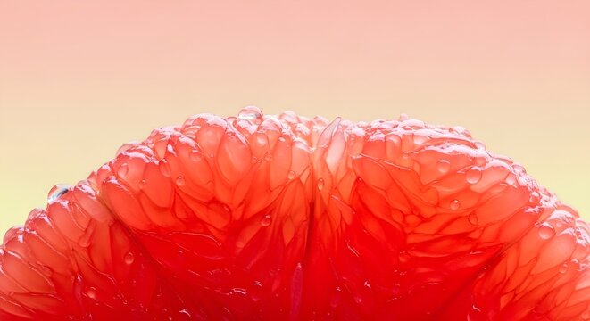 Macro close-up of grapefruit pulp glowing under natural light on pastel peach to yellow gradient background, ultra detailed, crisp edges, noise free, natural lighting, no blur