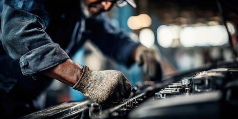 Automotive Mechanic Inspecting Car Engine, Performing Maintenance and Repair in Garage Service Shop
