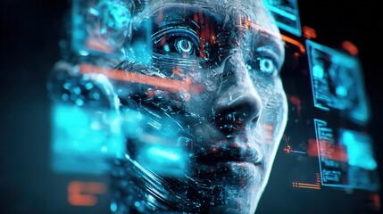Futuristic Humanoid AI Interface with Advanced Technological Overlay, Representing Artificial Intelligence and Digital Transformation