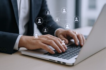 Professional Businessman Working on Laptop with Social Network Connection, Networking and Digitalization in the Office