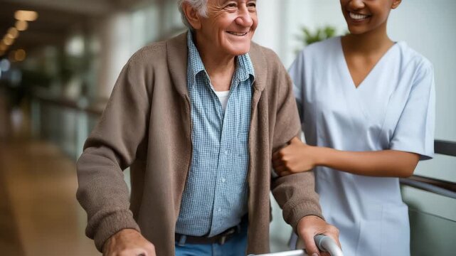 A man in a brown jacket is being helped by a woman in a blue shirt. The man is using a walker. Close up elderly man using walker assisted by nurse, medicaid, palliative care warm authentic healthcare 