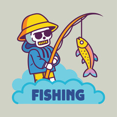 Vector art of cartoon skeleton fishing with a rod and a fish