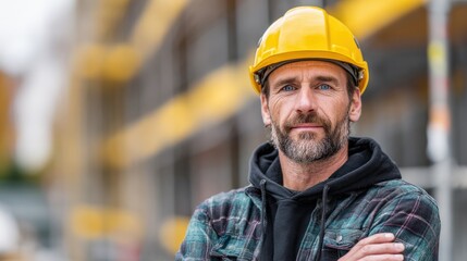 Confident Construction Worker with Yellow Hard Hat Standing Proudly on a Construction Site