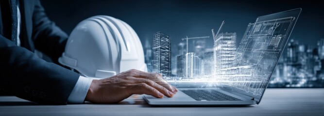 Architectural design and engineering concept, engineer using laptop with hologram interface and safety helmet, modern construction