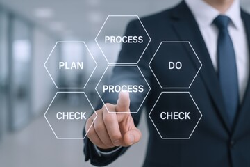 Businessman Pointing to PDCA Cycle Diagram, Illustrating Plan Do Check Act Business Process Improvement and Quality Management