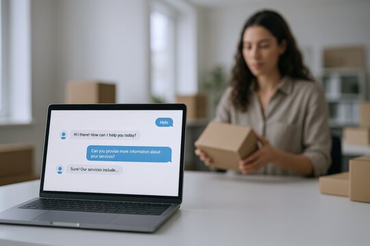 Woman Managing Online Business Chat and Packaging Orders for Shipping at Home, Using Laptop
