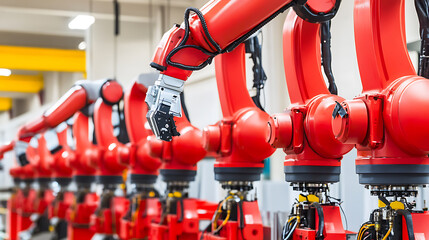 Row of Red Robotic Arms in a Manufacturing Facility