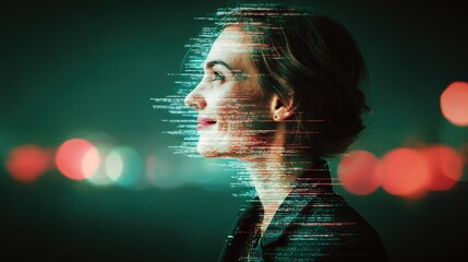 Woman's Profile with Digital Interface Overlay: Depicting Artificial Intelligence and Modern Technology Integration for Future Concepts
