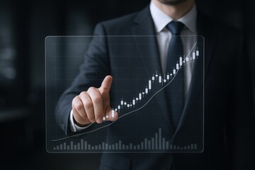 Business Growth Concept: Man Interacting with a Digital Stock Market Chart Displaying Financial Success