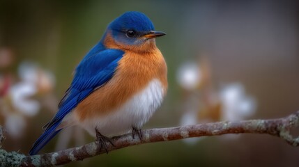 Obraz premium Vibrant Eastern Bluebird Perched on a Branch in Spring, Capturing Nature's Beauty and Serenity