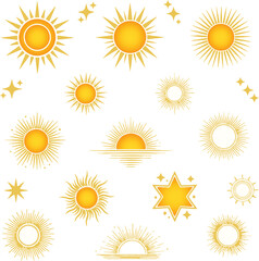 Collection of sun icon set in flat and line style. Bright sunshine, summer symbol, solar energy and weather illustration. Perfect for logo, app, web, climate, and seasonal design elements.
