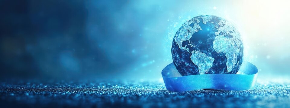 A blue globe with a ribbon around it. - Powered by Adobe
